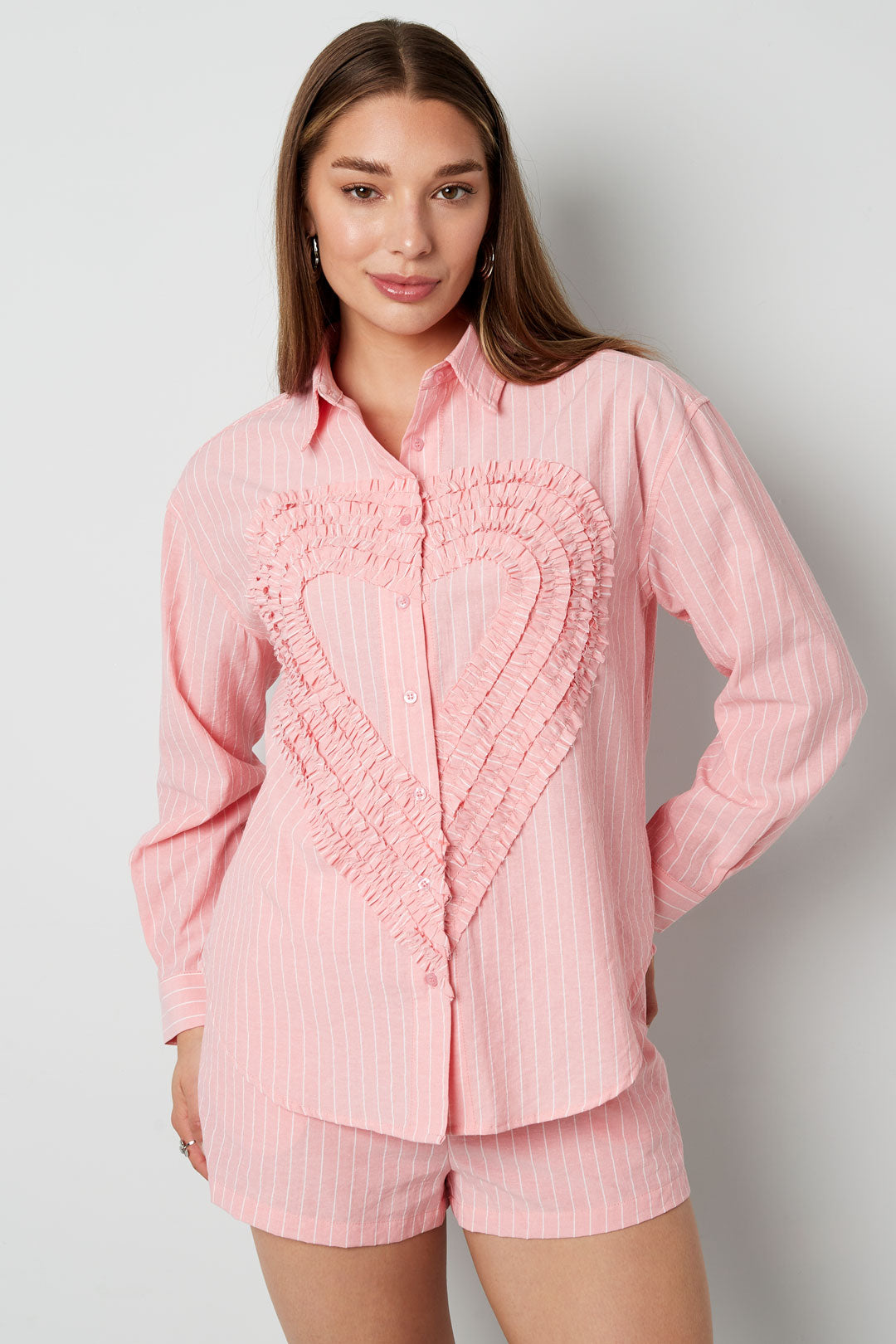 Cotton Woven Vrouwen Overhemd Casual Stripes Hart Ruffle Detail