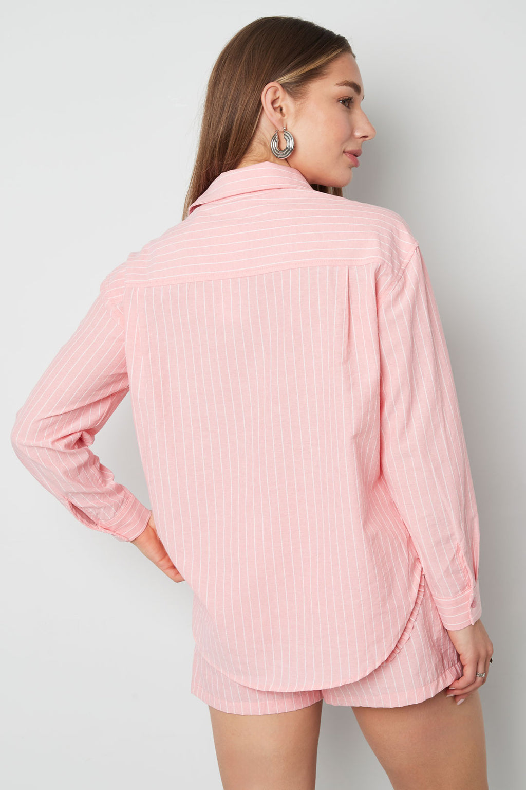 Cotton Woven Vrouwen Overhemd Casual Stripes Hart Ruffle Detail
