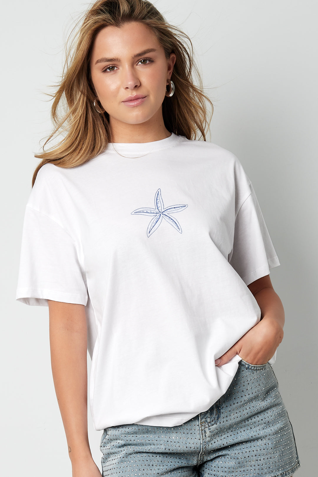 Cotton Vrouwen T-shirt Casual Geborduurde Sterrenvis